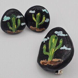 Artisan Folk Art Handpainted Stone‎ Rock Earring Brooch Set Jewelry Black Cactus